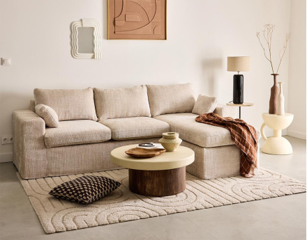Canapé d'angle déhoussable et modulable 3 places et 1 pouf en velours texturé Calgary