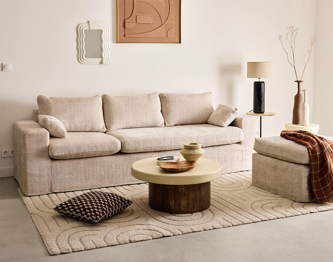 Canapé d'angle déhoussable et modulable 3 places et 1 pouf en velours texturé Calgary