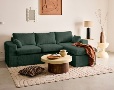 Canapé d'angle déhoussable et modulable 3 places et 1 pouf en velours texturé Calgary