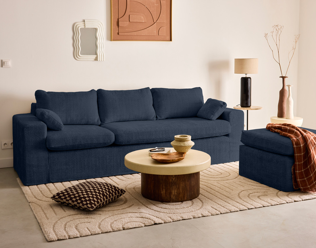 Canapé d'angle déhoussable et modulable 3 places et 1 pouf en velours texturé Calgary