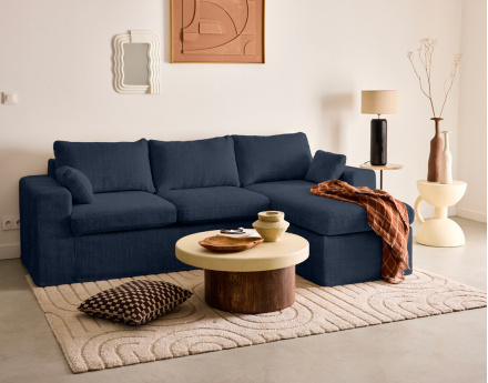 Canapé d'angle déhoussable et modulable 3 places et 1 pouf en velours texturé Calgary