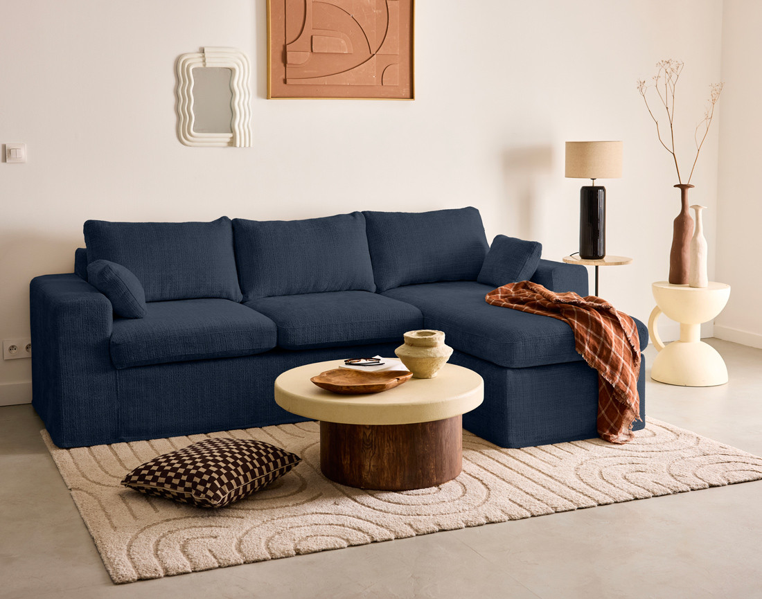 Canapé d'angle déhoussable et modulable 3 places et 1 pouf en velours texturé Calgary