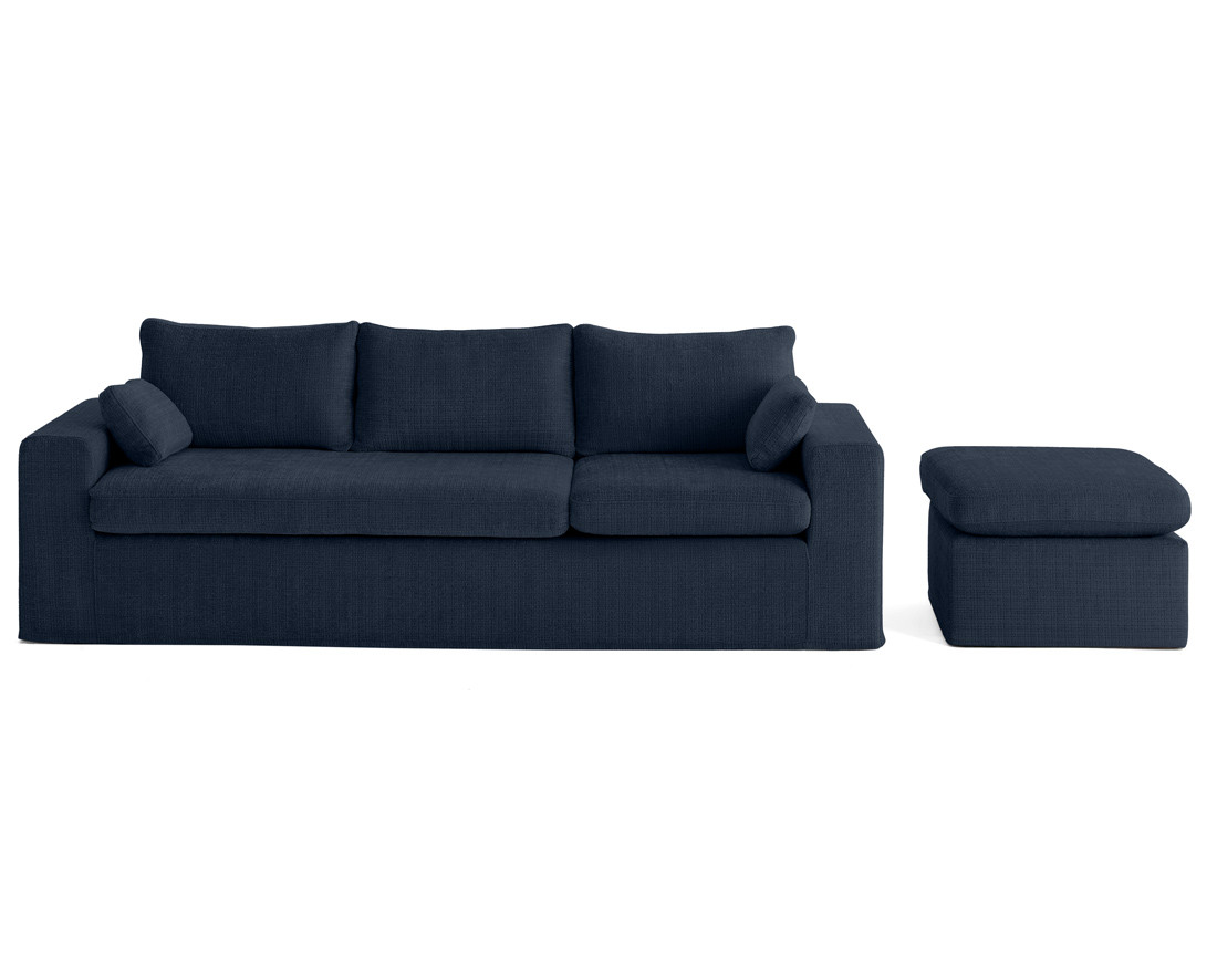 Canapé d'angle déhoussable et modulable 3 places et 1 pouf en velours texturé Calgary