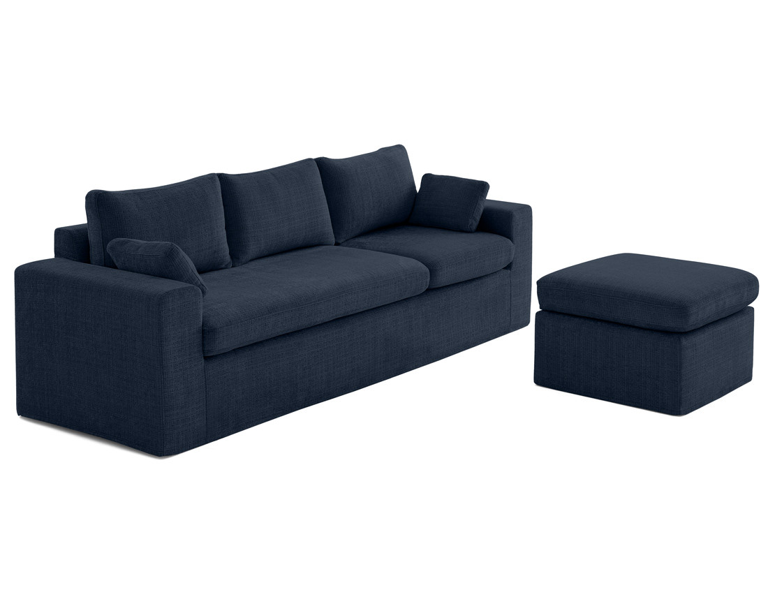 Canapé d'angle déhoussable et modulable 3 places et 1 pouf en velours texturé Calgary