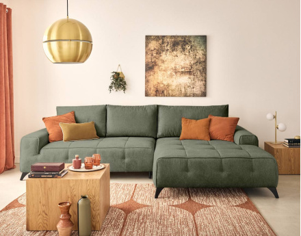 Canapé d'angle droit 4 places convertible avec coffre en tissu texturé Rimini