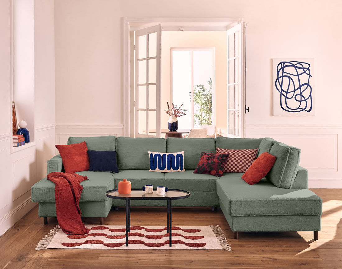 Canapé panoramique d'angle droit 7 places convertible avec coffre en fausse fourrure Jake