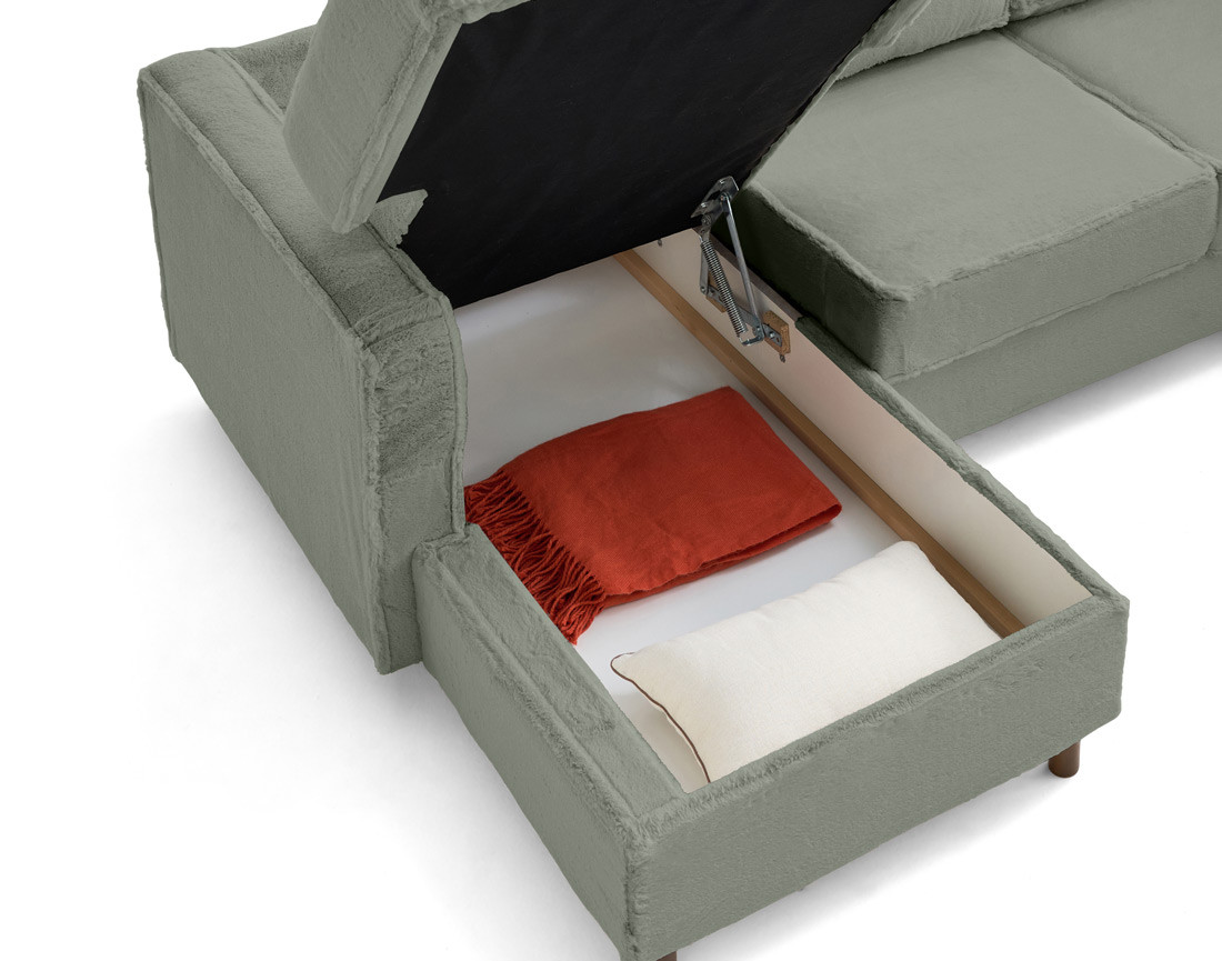 Canapé panoramique d'angle droit 7 places convertible avec coffre en fausse fourrure Jake