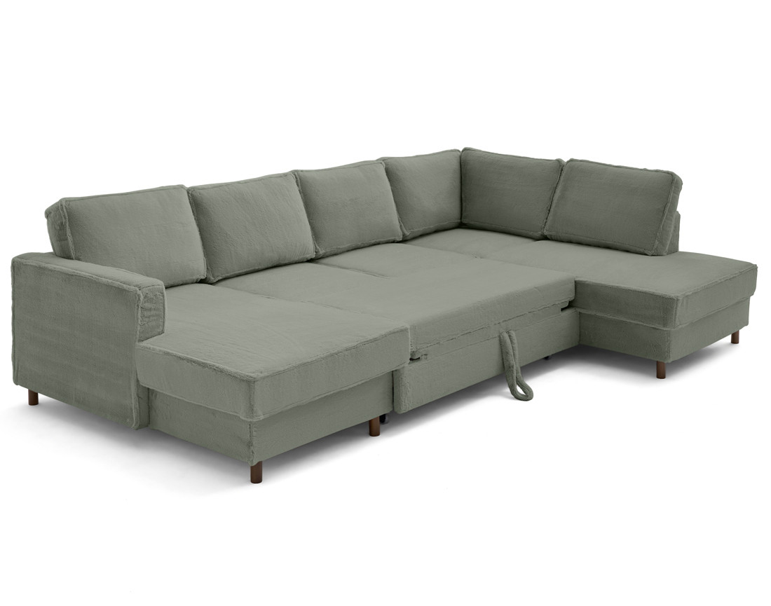 Canapé panoramique d'angle droit 7 places convertible avec coffre en fausse fourrure Jake