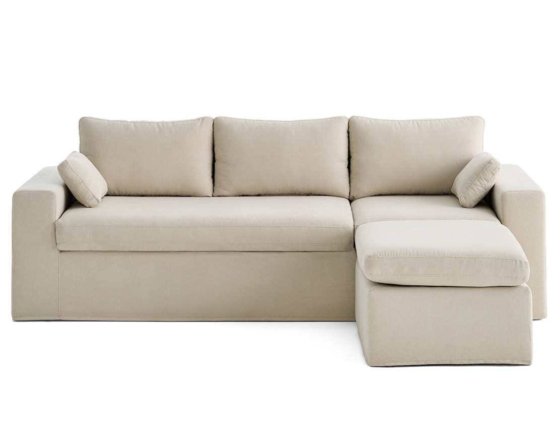 Canapé d'angle déhoussable et modulable 3 places et 1 pouf en tissu Calgary