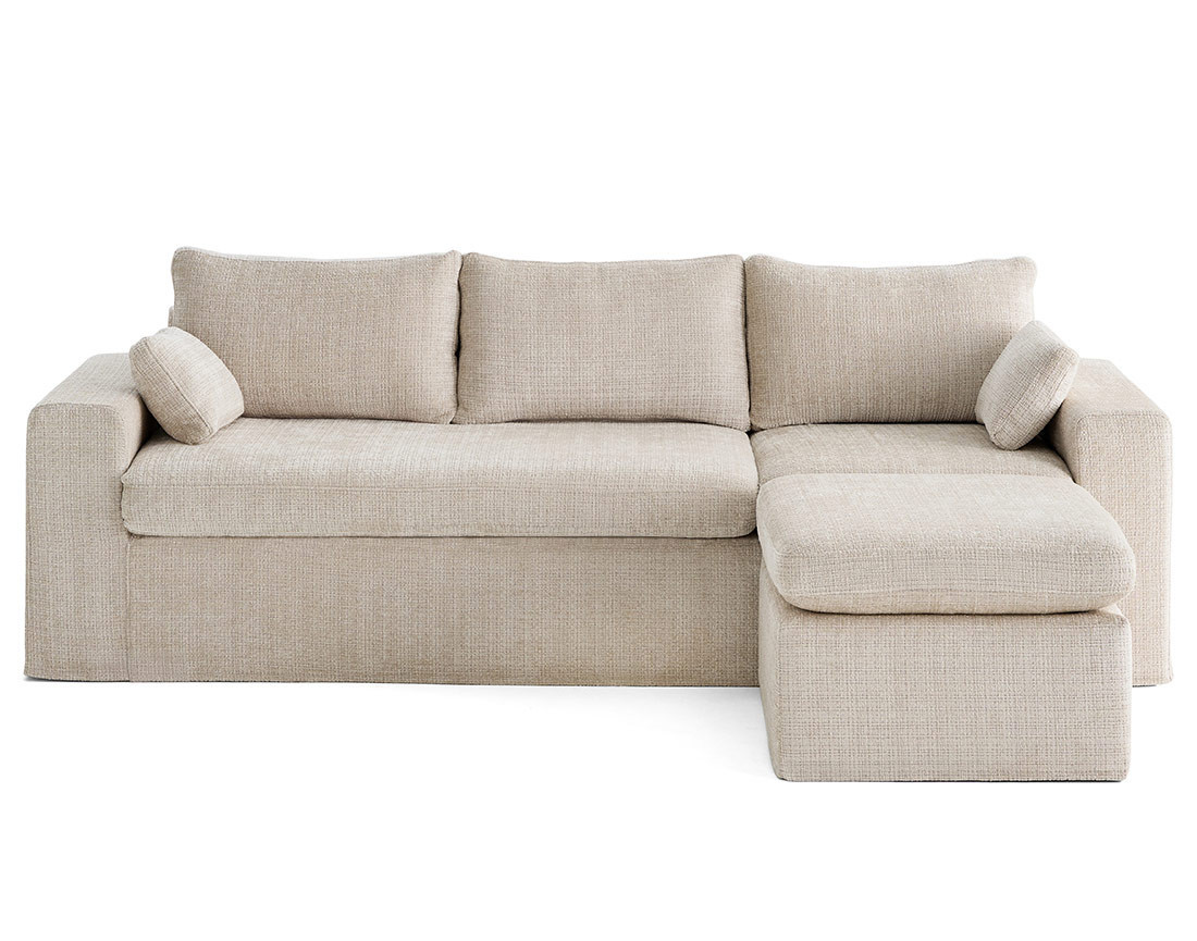 Canapé d'angle déhoussable et modulable 3 places et 1 pouf en velours texturé Calgary