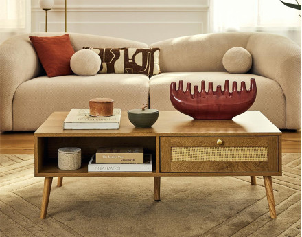 Table basse bois et cannage 1 tiroir et 1 niche 110 cm Goto