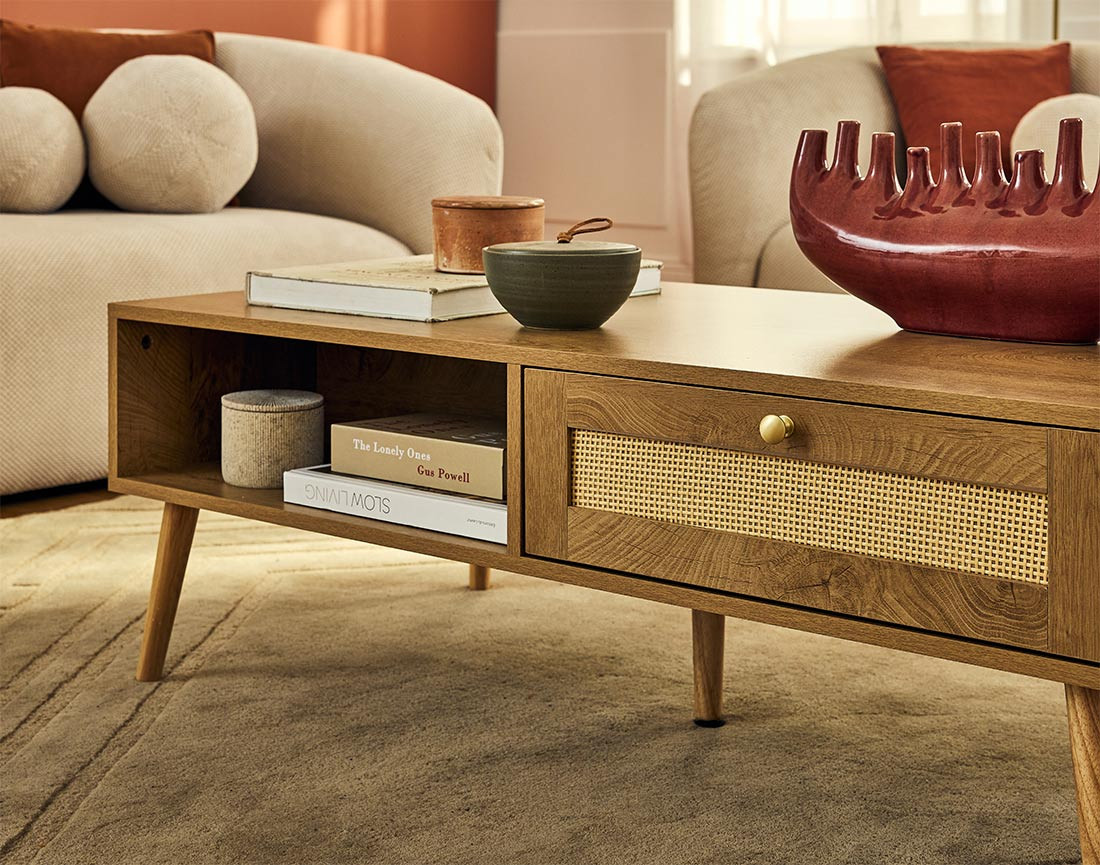 Table basse bois et cannage 110 cm Goto