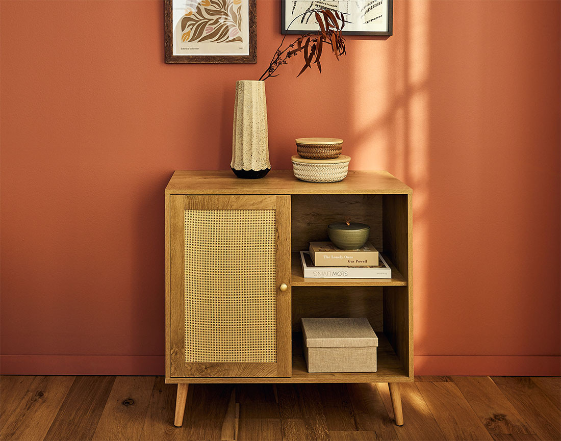 Buffet haut bois et cannage 2 niches et 1 porte 80 cm Goto