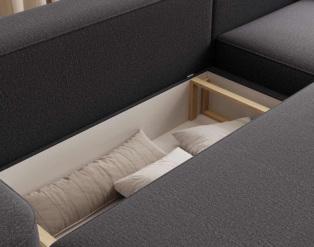 Canapé d'angle droit 4 places convertible avec coffre en tissu Sam