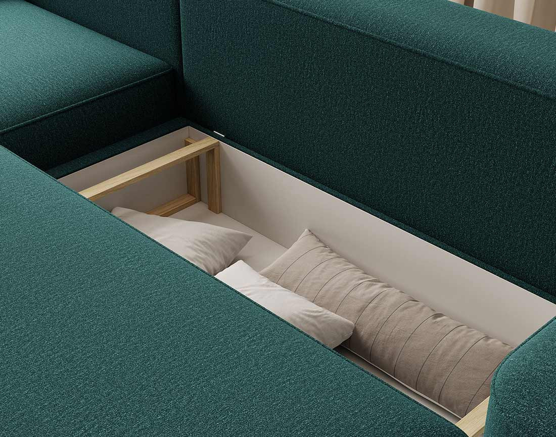 Canapé d'angle gauche 4 places convertible avec coffre en tissu Sam