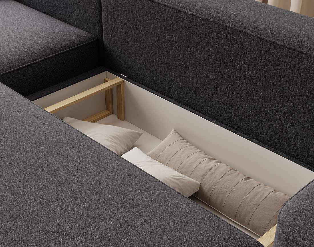 Canapé d'angle gauche 4 places convertible avec coffre en tissu Sam