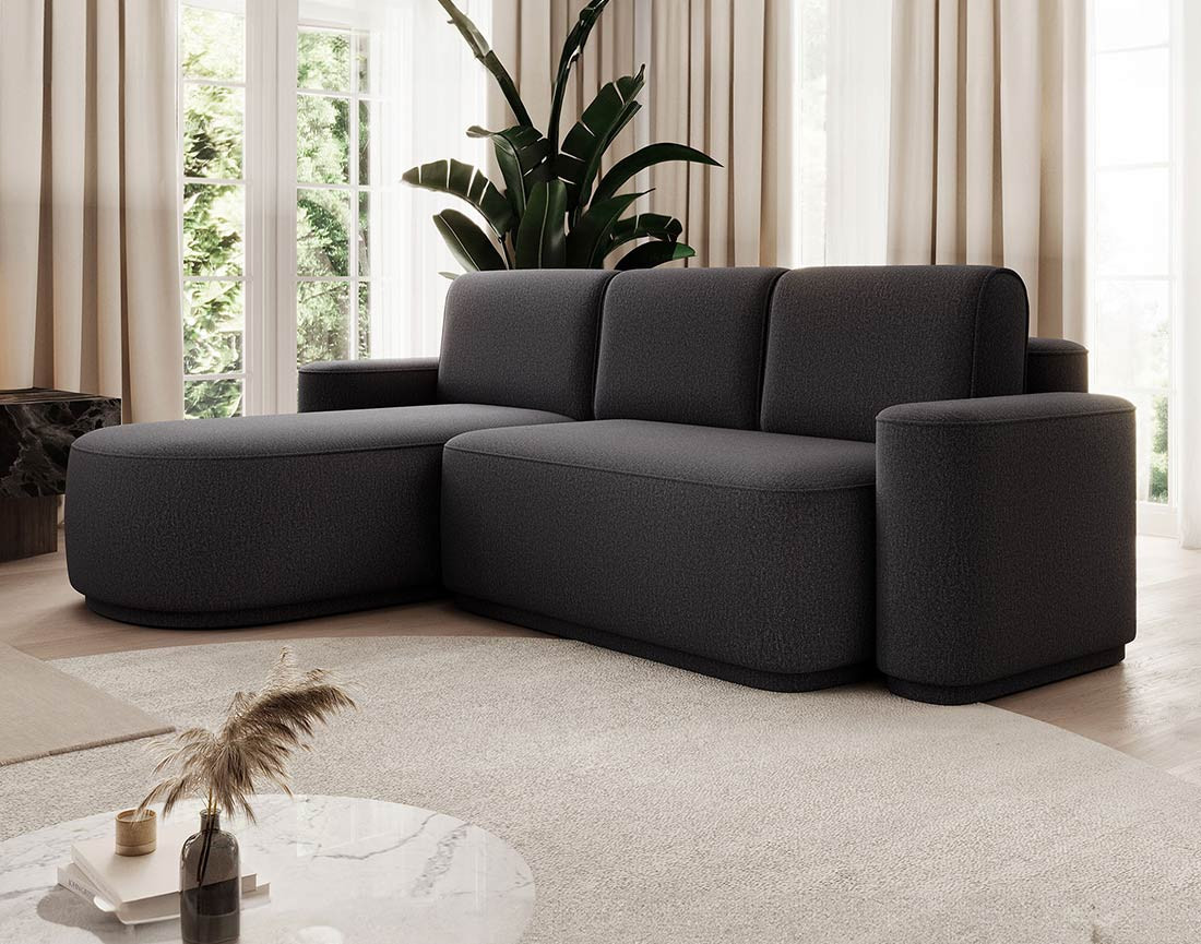 Canapé d'angle gauche 4 places convertible avec coffre en tissu Sam