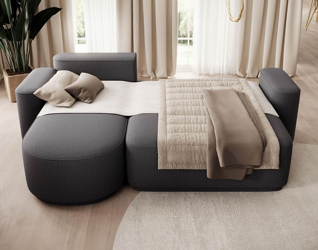 Canapé d'angle gauche 4 places convertible avec coffre en tissu Sam