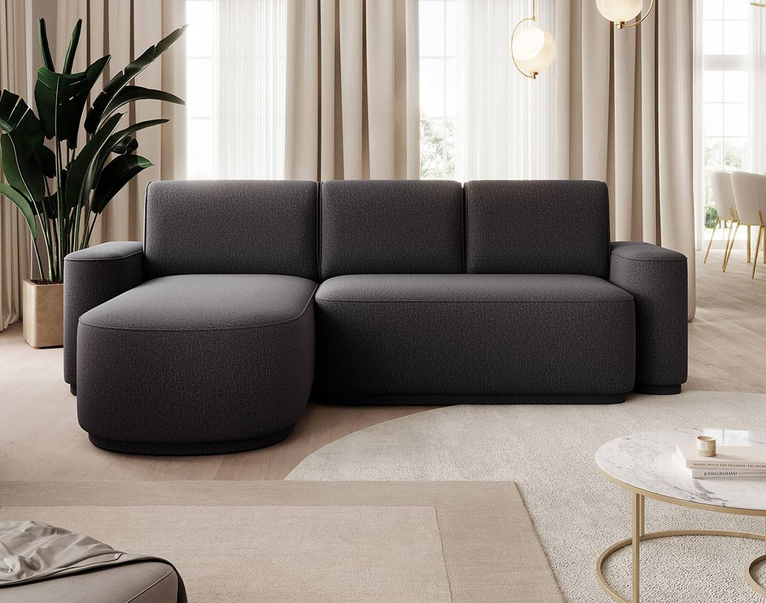Canapé d'angle gauche 4 places convertible avec coffre en tissu Sam