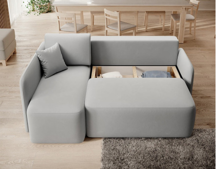 Canapé d'angle gauche 4 places convertible avec coffre en velours Suzie