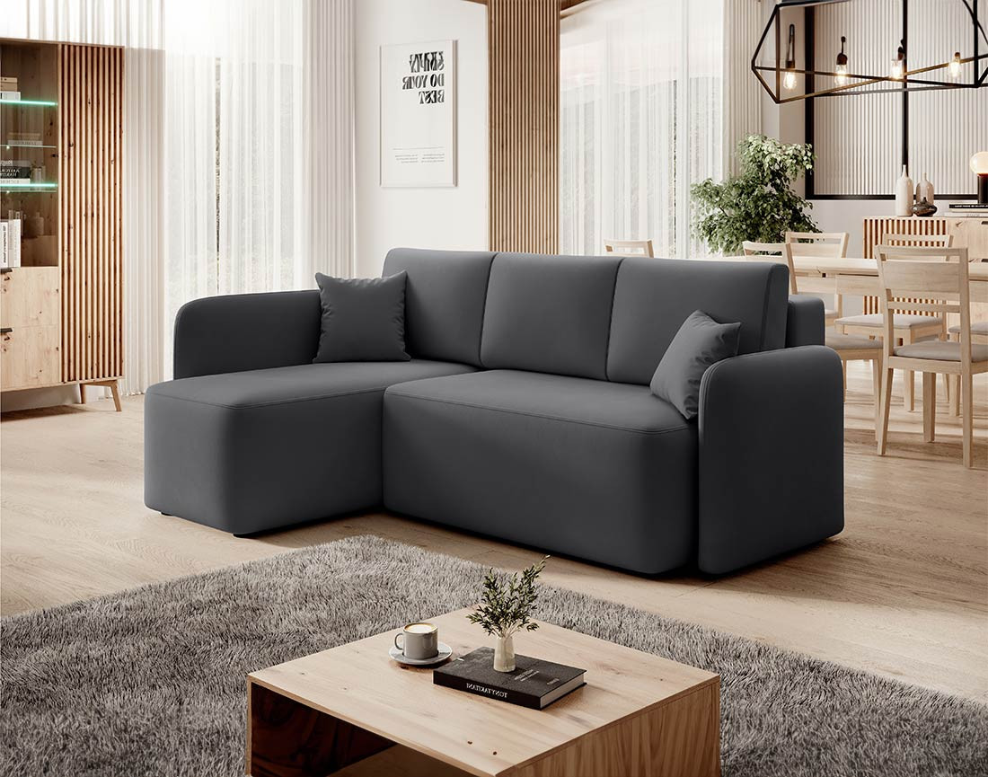 Canapé d'angle gauche 4 places convertible avec coffre en velours Suzie