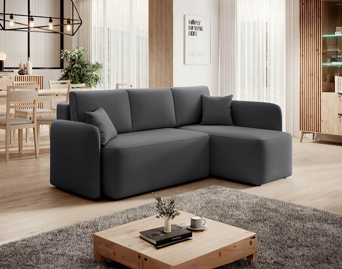 Canapé d'angle droit 4 places convertible avec coffre en velours Suzie