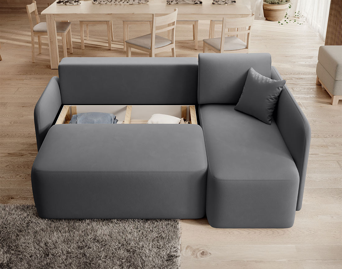 Canapé d'angle droit 4 places convertible avec coffre en velours Suzie