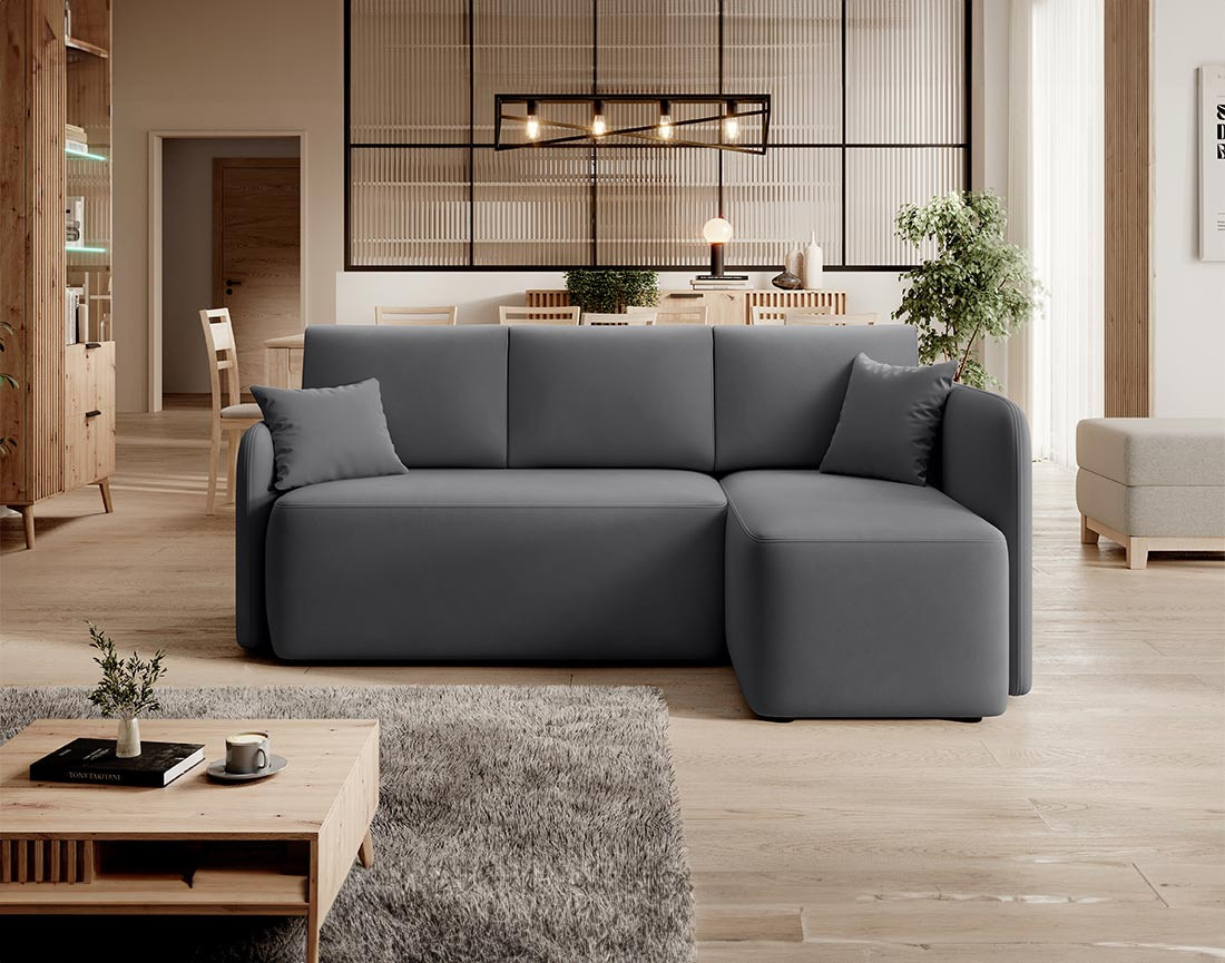 Canapé d'angle droit 4 places convertible avec coffre en velours Suzie