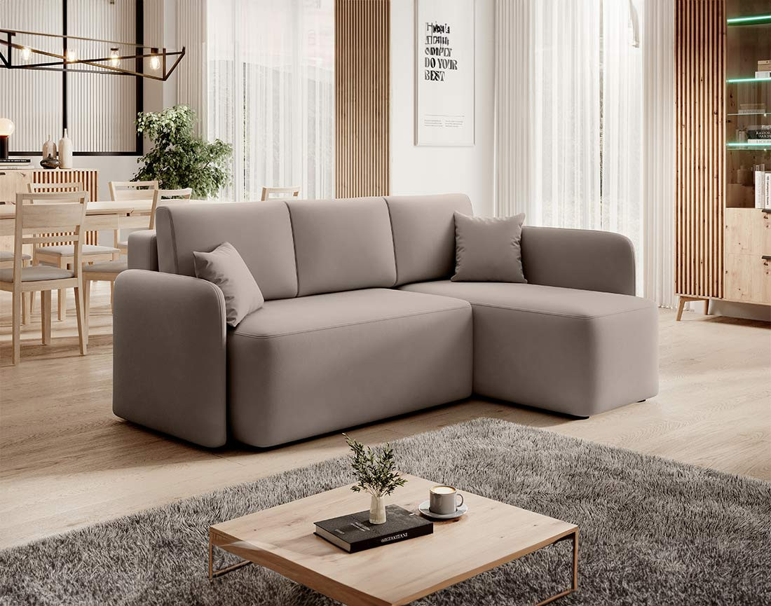 Canapé d'angle droit 4 places convertible avec coffre en velours Suzie