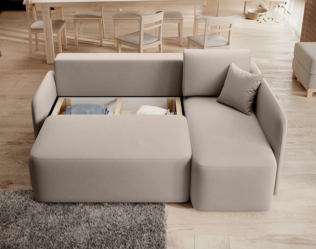 Canapé d'angle droit 4 places convertible avec coffre en velours Suzie