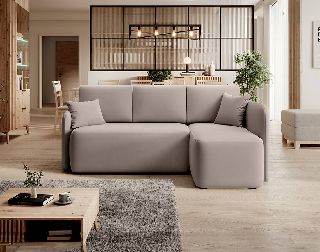 Canapé d'angle droit 4 places convertible avec coffre en velours Suzie