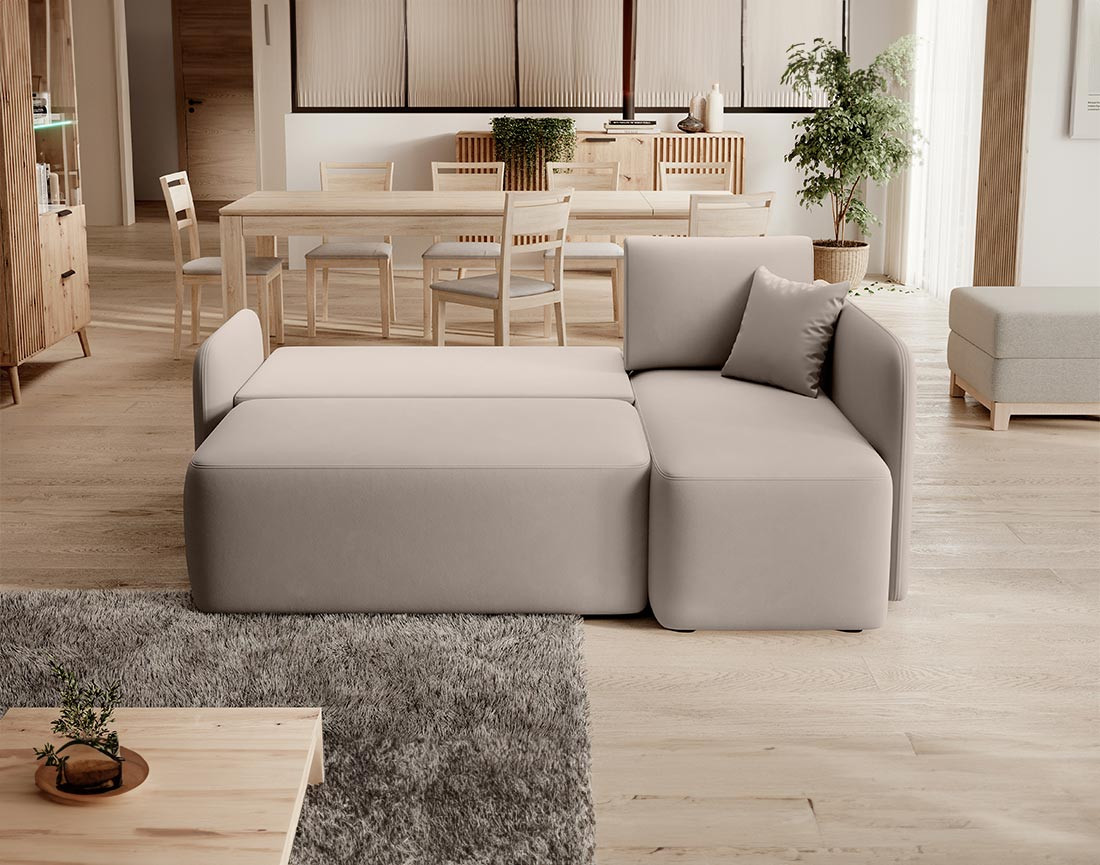 Canapé d'angle droit 4 places convertible avec coffre en velours Suzie