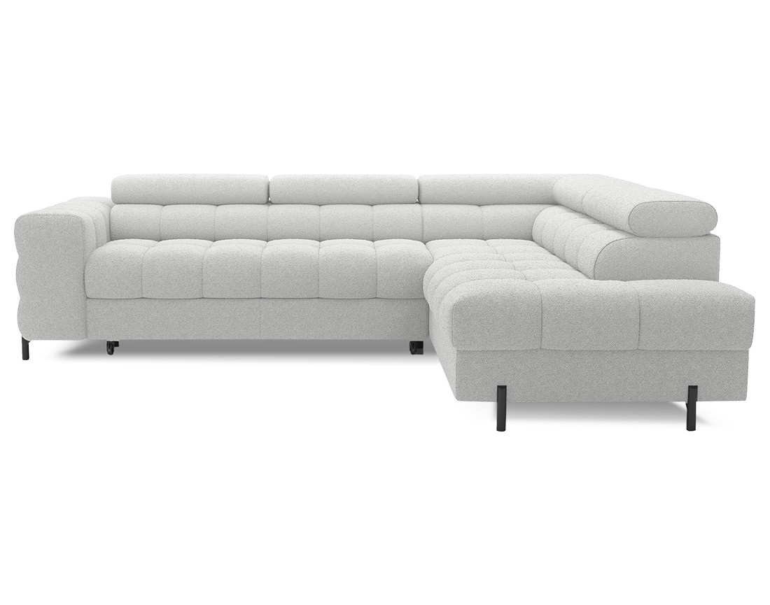 Canapé d'angle droit 5 places convertible avec coffre et têtières réglables en tissu bouclette Elisa