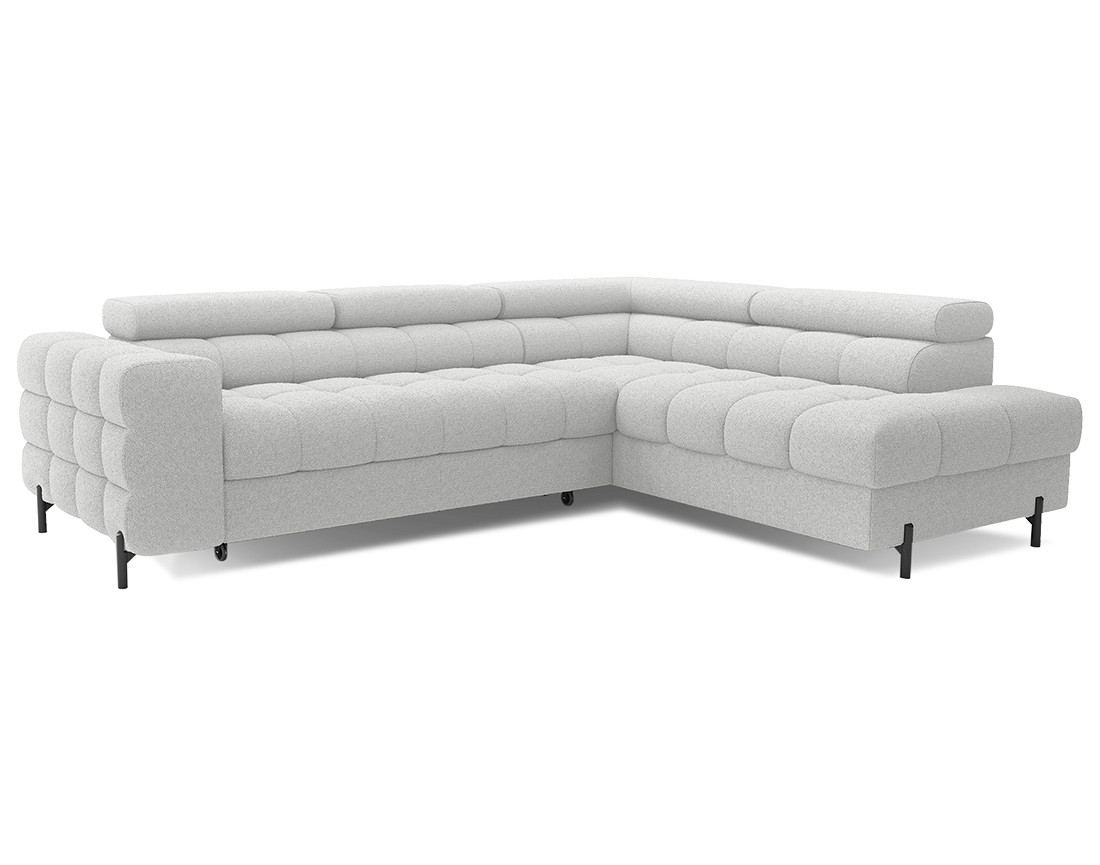 Canapé d'angle droit 5 places convertible avec coffre et têtières réglables en tissu bouclette Elisa