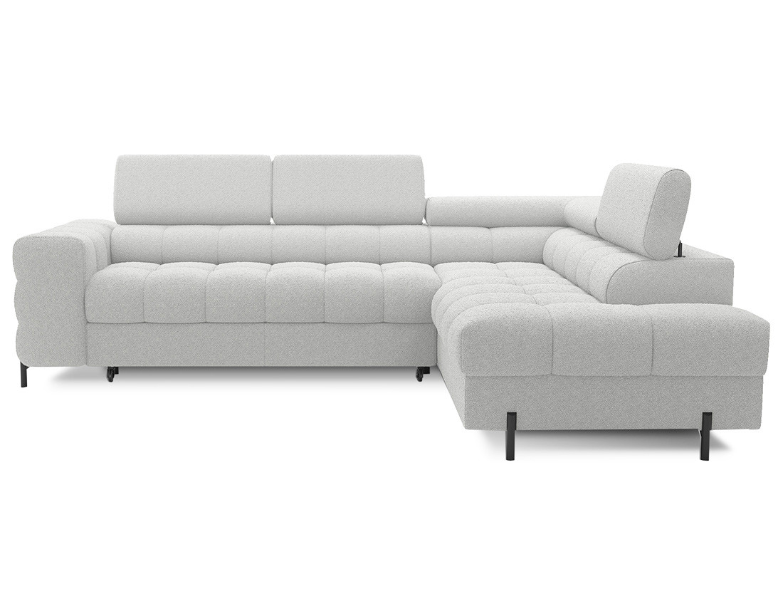 Canapé d'angle droit 5 places convertible avec coffre et têtières réglables en tissu bouclette Elisa