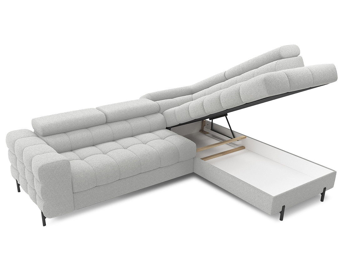 Canapé d'angle droit 5 places convertible avec coffre et têtières réglables en tissu bouclette Elisa