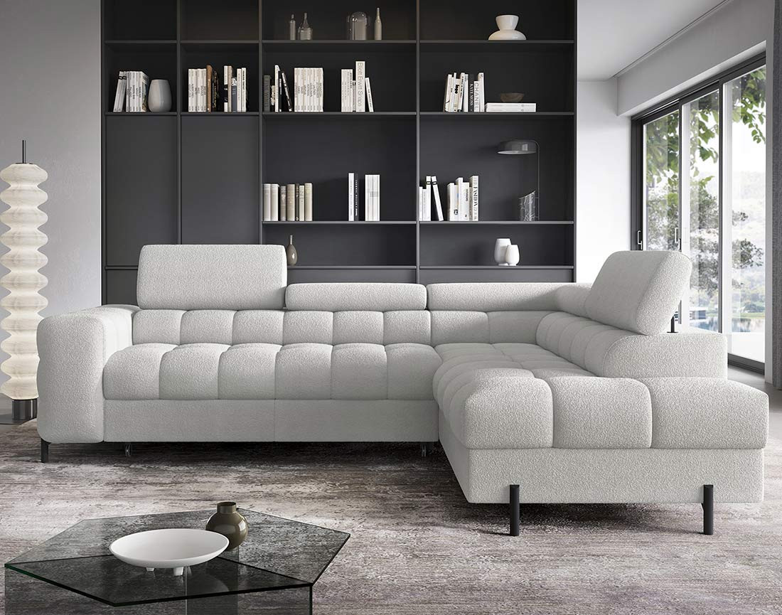 Canapé d'angle droit 5 places convertible avec coffre et têtières réglables en tissu bouclette Elisa