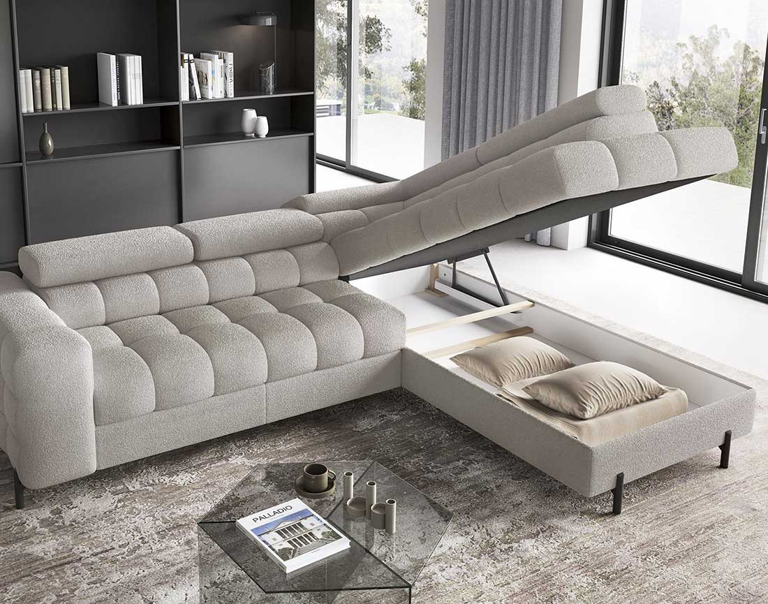 Canapé d'angle droit 5 places convertible avec coffre et têtières réglables en tissu bouclette Elisa