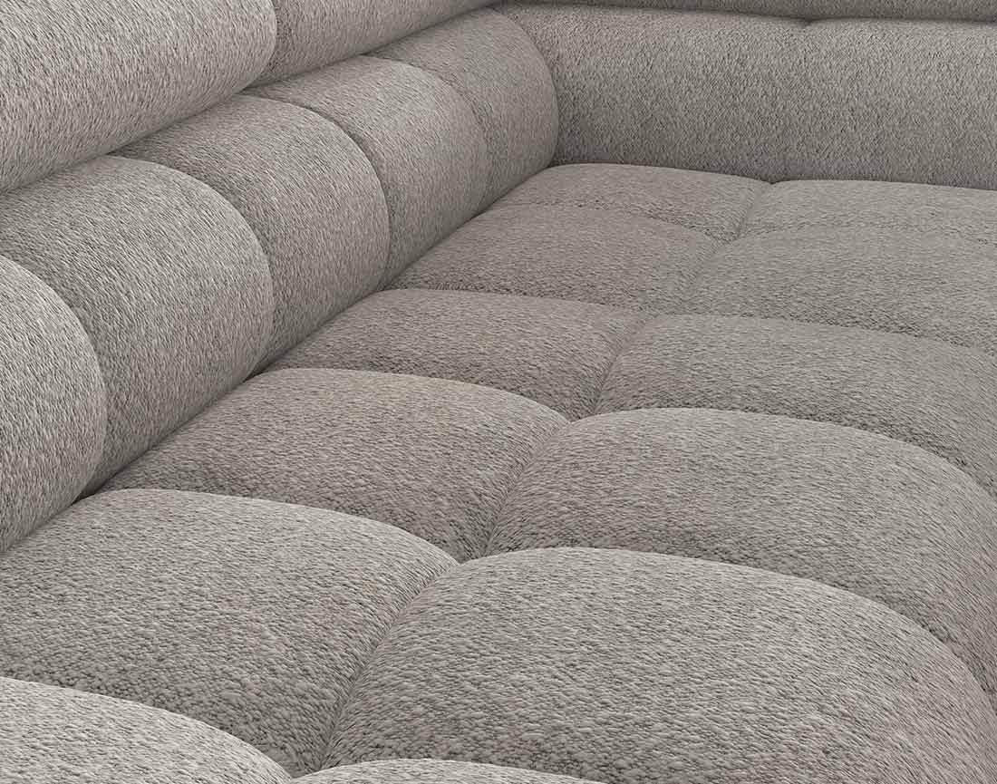 Canapé d'angle droit 5 places convertible avec coffre et têtières réglables en tissu bouclette Elisa