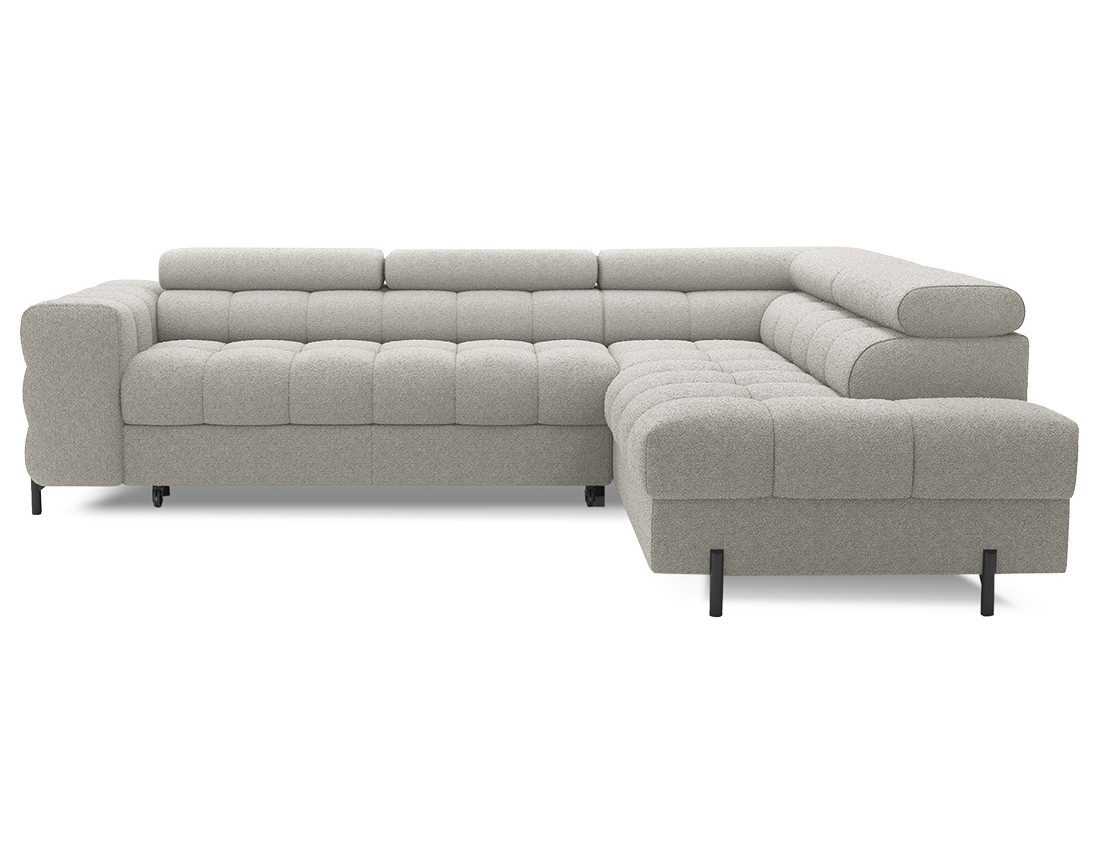 Canapé d'angle droit 5 places convertible avec coffre et têtières réglables en tissu bouclette Elisa