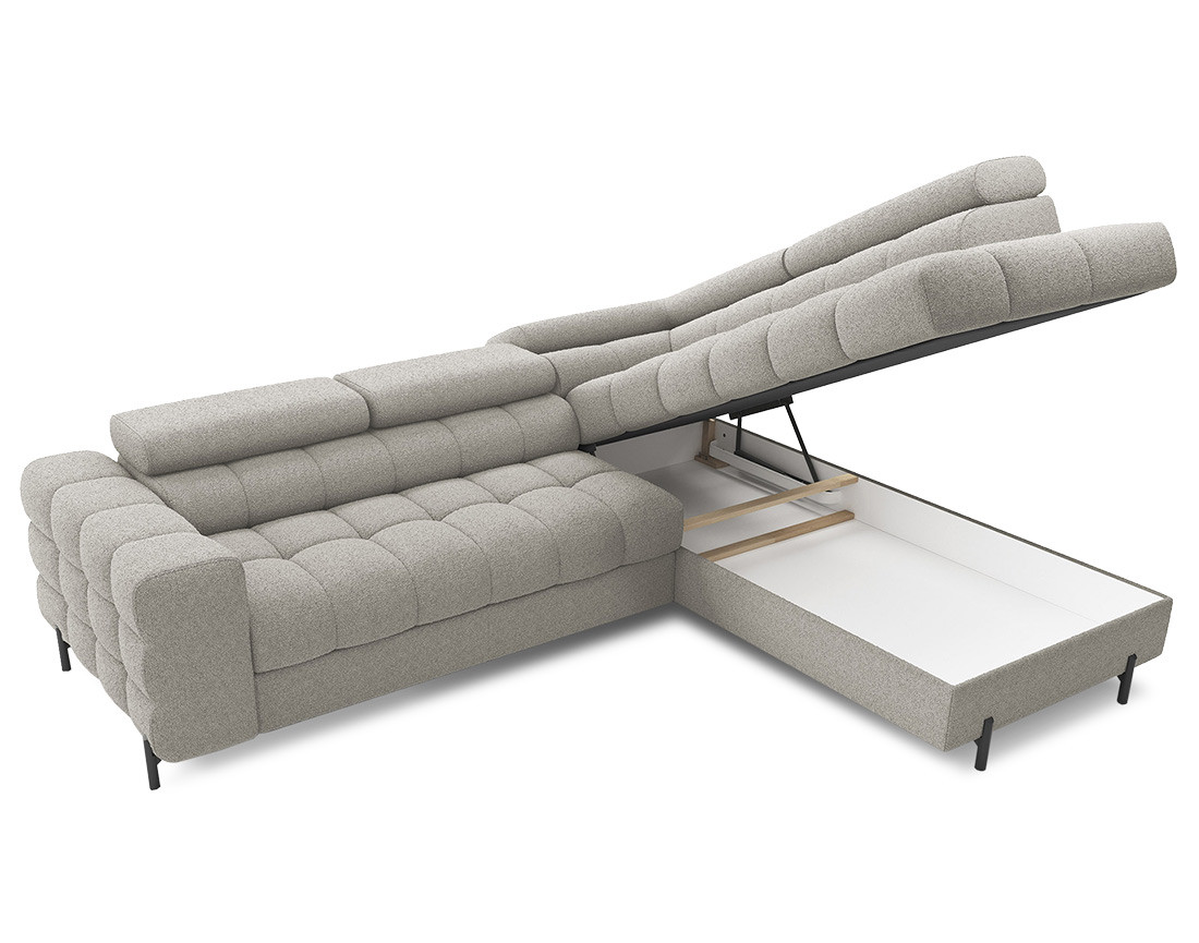 Canapé d'angle droit 5 places convertible avec coffre et têtières réglables en tissu bouclette Elisa