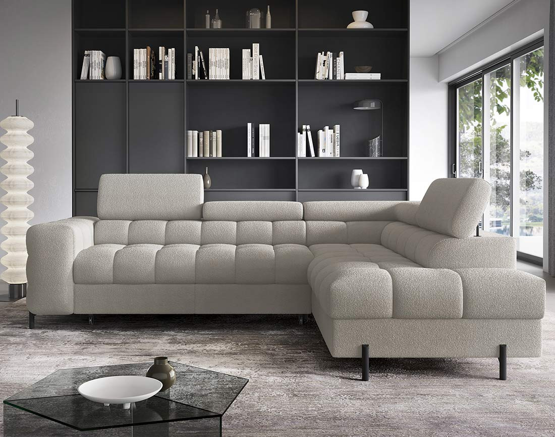 Canapé d'angle droit 5 places convertible avec coffre et têtières réglables en tissu bouclette Elisa