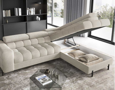 Canapé d'angle droit 5 places convertible avec coffre et têtières réglables en tissu bouclette Elisa