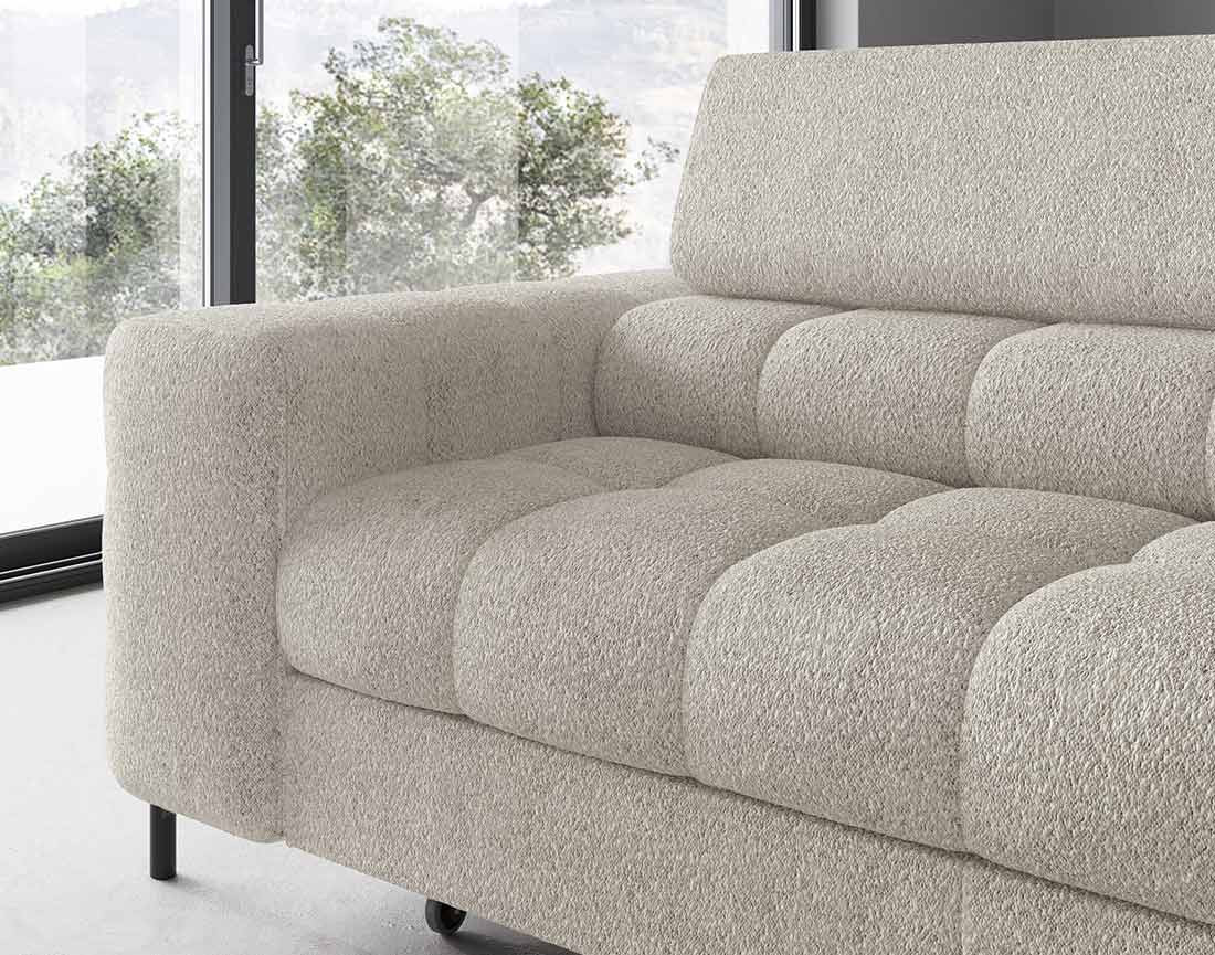 Canapé d'angle droit 5 places convertible avec coffre et têtières réglables en tissu bouclette Elisa