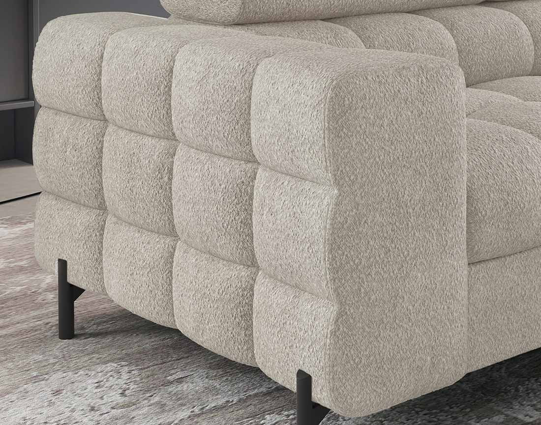 Canapé d'angle droit 5 places convertible avec coffre et têtières réglables en tissu bouclette Elisa