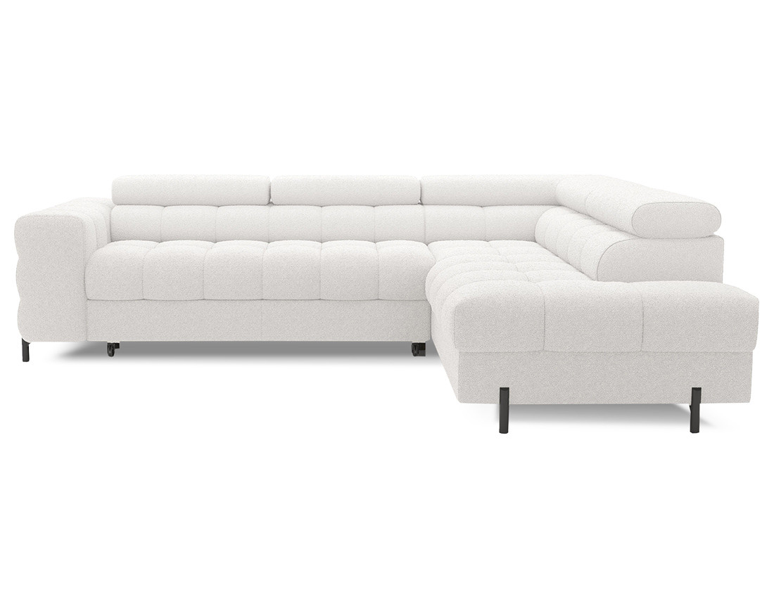 Canapé d'angle droit 5 places convertible avec coffre et têtières réglables en tissu bouclette Elisa