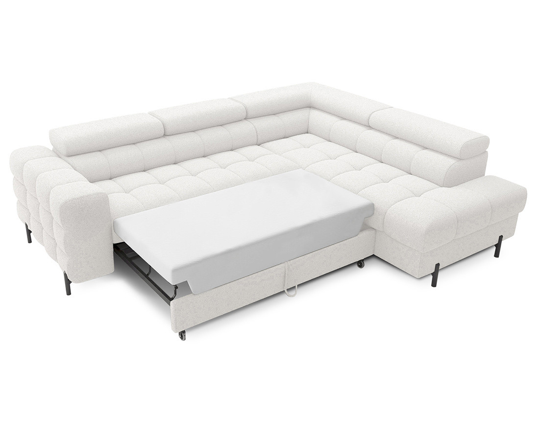 Canapé d'angle droit 5 places convertible avec coffre et têtières réglables en tissu bouclette Elisa
