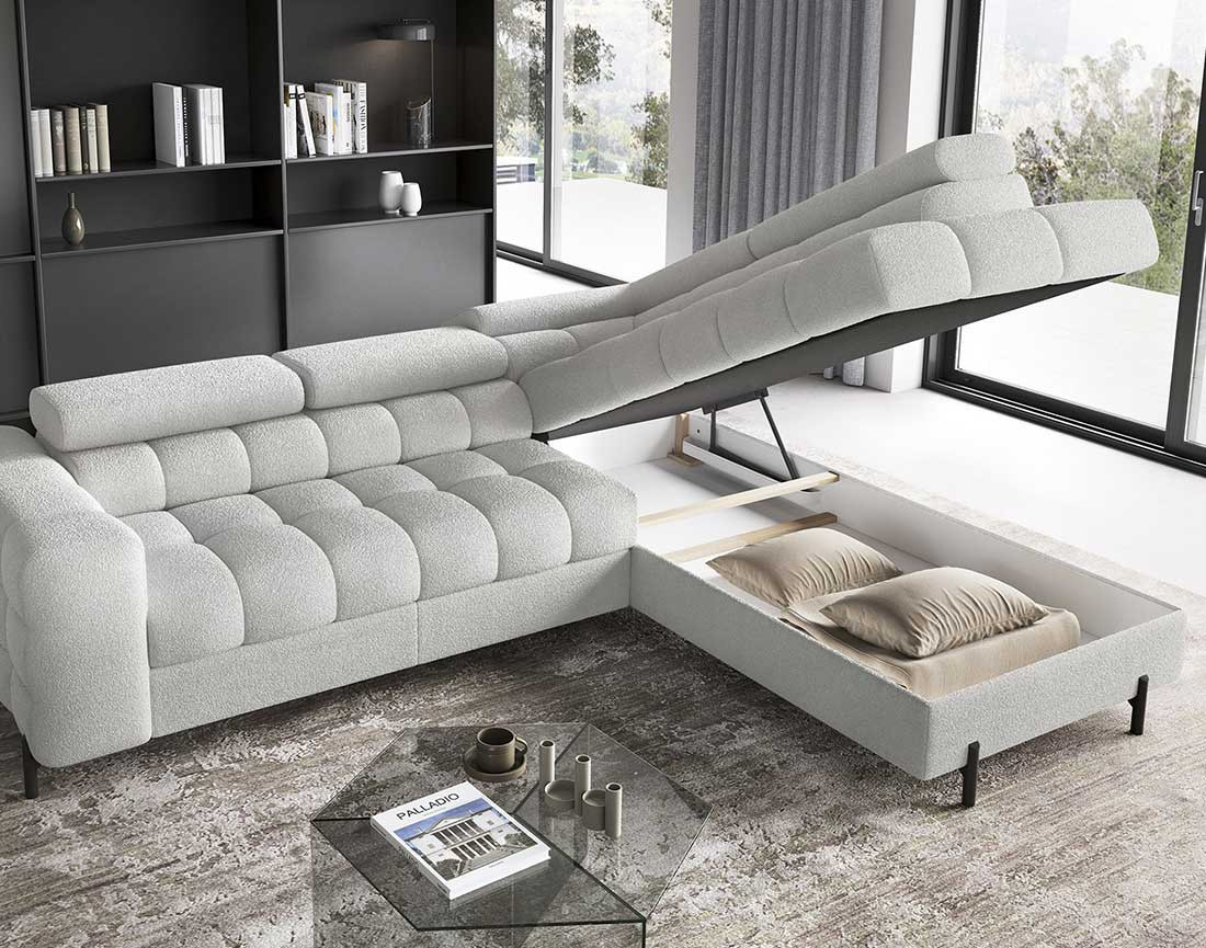 Canapé d'angle droit 5 places convertible avec coffre et têtières réglables en tissu bouclette Elisa