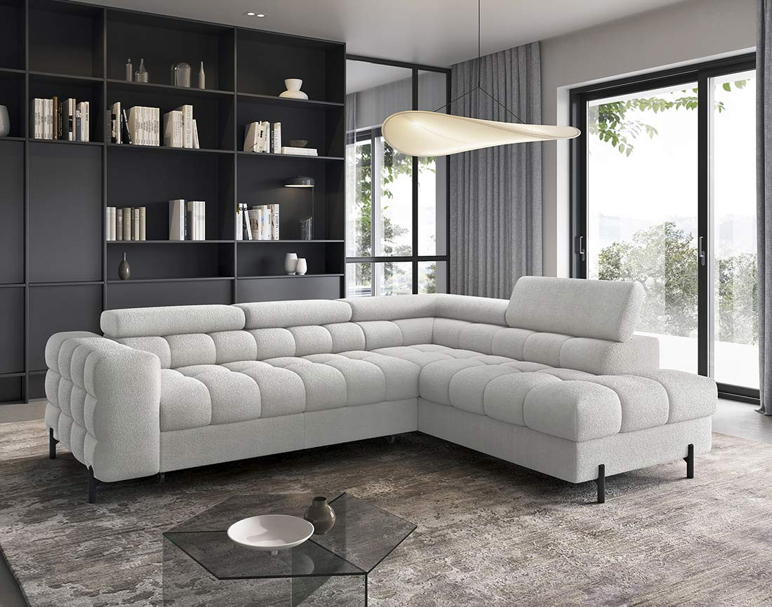 Canapé d'angle droit 5 places convertible avec coffre et têtières réglables en tissu bouclette Elisa