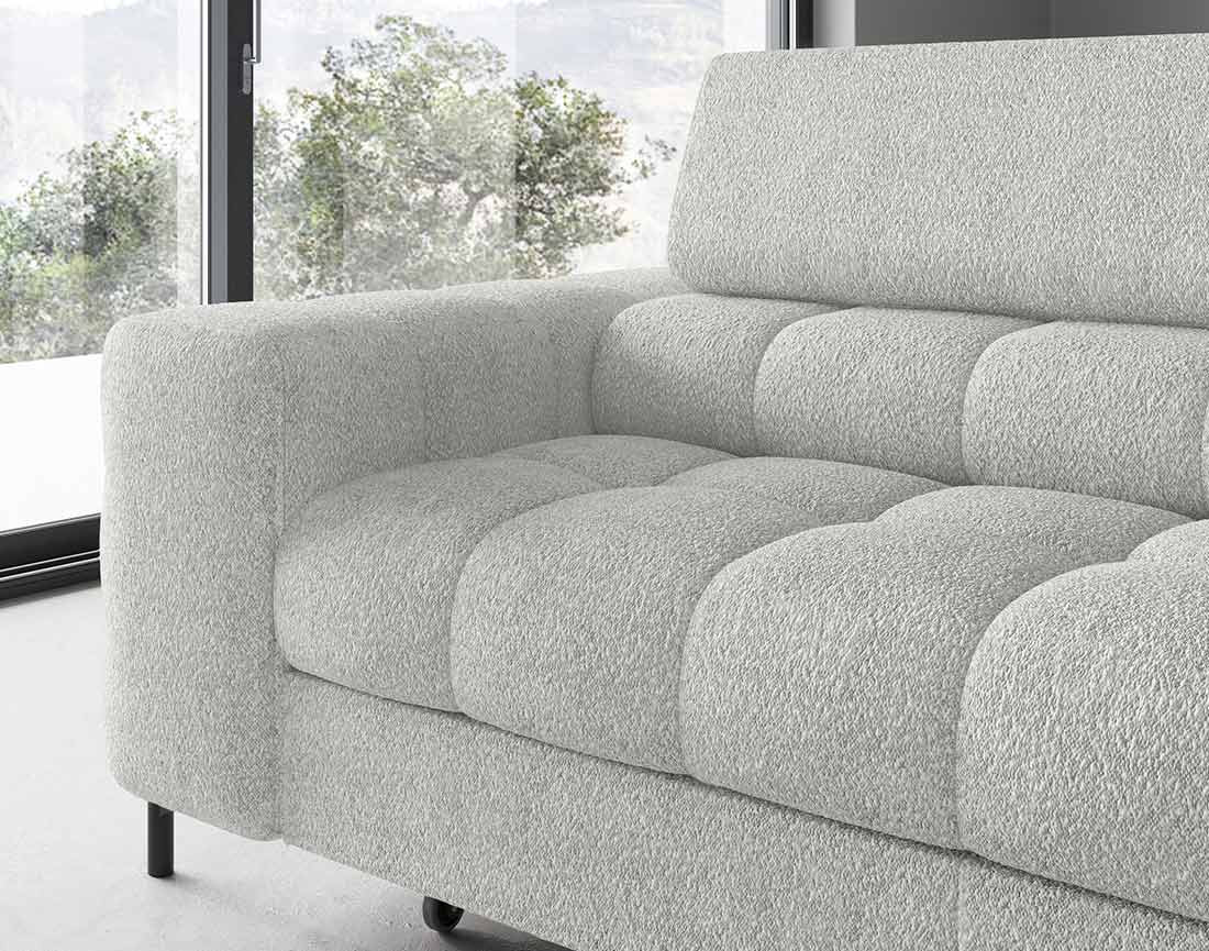 Canapé d'angle droit 5 places convertible avec coffre et têtières réglables en tissu bouclette Elisa